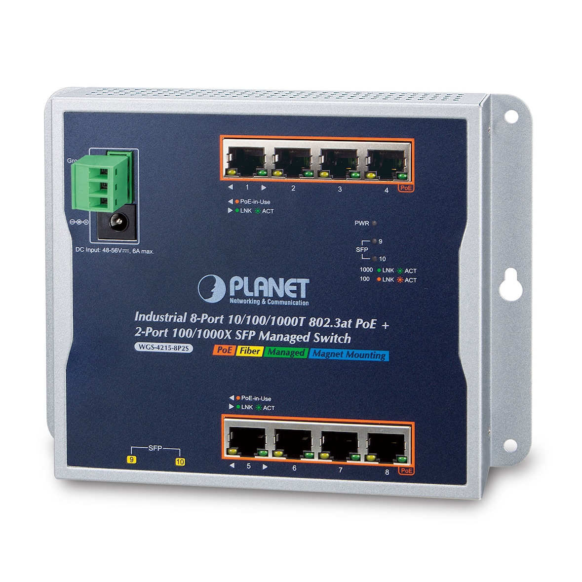 PLANET Industrial 8-Port Gigabit PoE Wall-mount Switch & 2-Port SFP Uplink, managed -40/+75C degrees