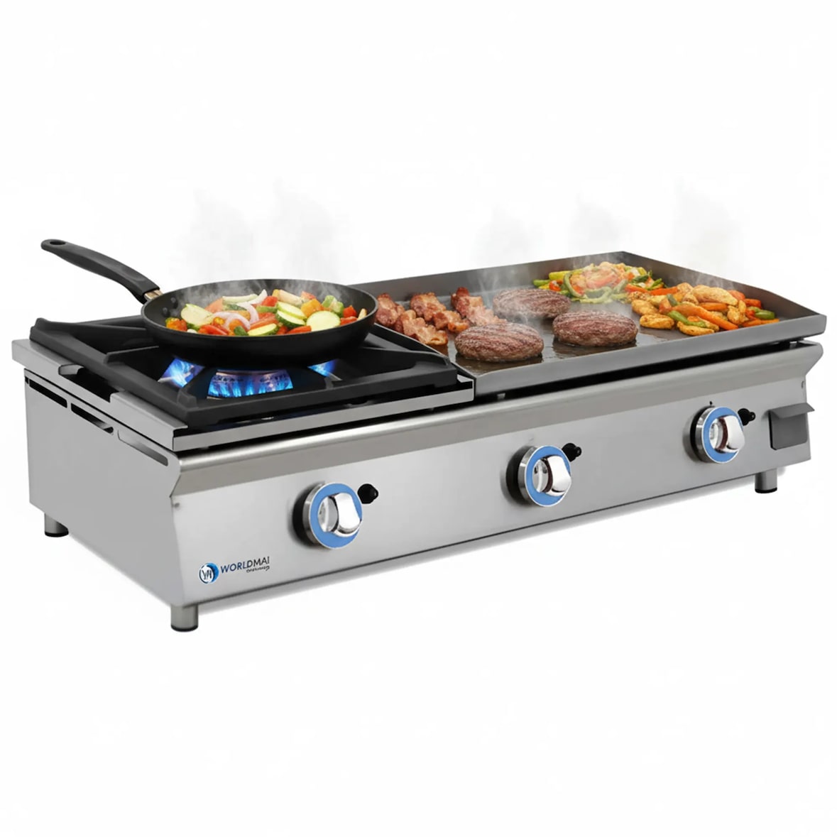 Plancha a gas profesional LUX WORLDMAI de 60 cm en acero laminado con fogón para hostelería. Plancha INOX para cocina industrial de bar y restaurante.