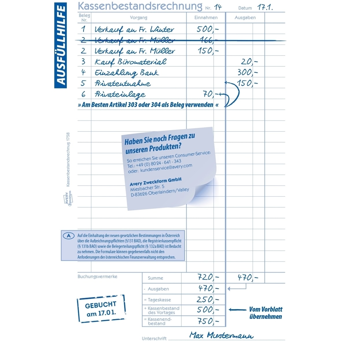 Formularbuch Kassenbericht A5 2x40 Blatt mit Ausfüllhilfe