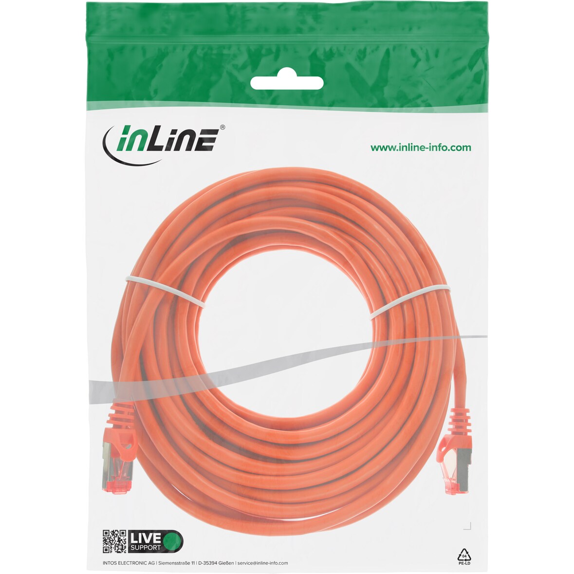InLine® Patchkabel, S/FTP (PiMf), Cat.6, 250MHz, PVC, Kupfer, orange, 25m