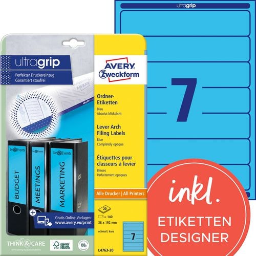 AVERY Zweckform ultragrip Ordneretiketten Haftend Schmal L4763-20 DIN A4 3,8 x 19,2 cm Blau 20 Blatt à 7 Etiketten