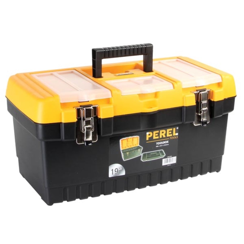 Caixa de ferramentas em polipropileno, com bandeja removível, 3 compartimentos na tampa, preto/amarelo, 486 x 267 x 242 mm.