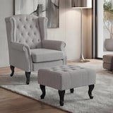 thumbnail of Poltrona Chesterfield, poltrona clube reclinável, tecido/têxtil repelente de água ~ cinzento com otomano