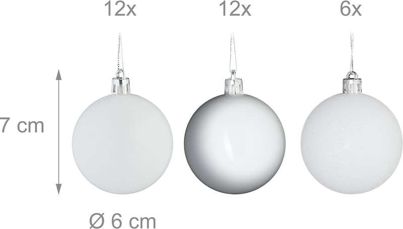 Drei weiße Christbaumkugeln mit silbernen Kappen.