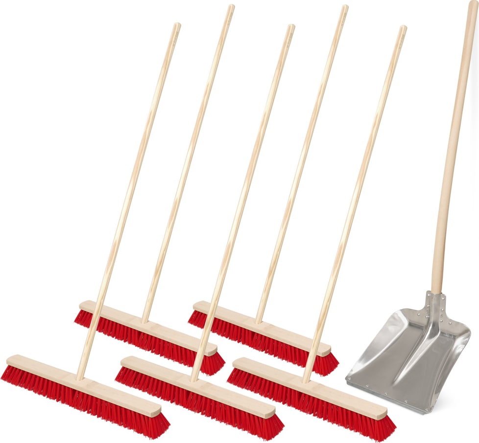 5x Straßenbesen, Länge 600 mm + 1x Alu-Schaufel