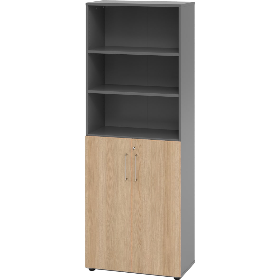 bümö Aktenregal & Schrank abschließbar, Büroschrank Regal Kombination Holz 80cm breit in Graphit/Eiche - abschließbarer Schrank für's Büro &