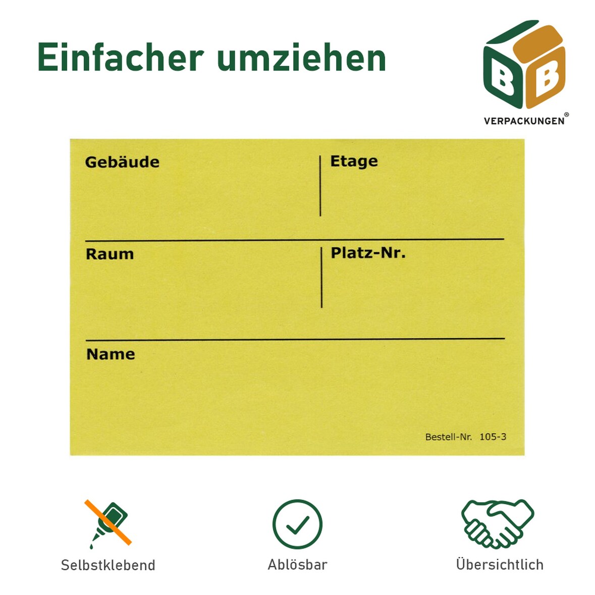 50 x Umzugsetiketten (105 x 75 mm) gelb selbstklebend Rückstandlos ablösbar Kartonaufkleber Sticker Umzugsaufkleber beschriften BB-Verpackungen