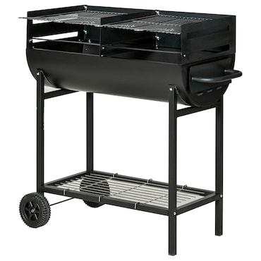 Barbecue A Carbone Con 2 Griglie Regolabili BBQ In Acciaio Resistente Con Ruote E Ripiano Portaoggetti Giardino Terrazzo 90 x 45 x 96 Cm Nero