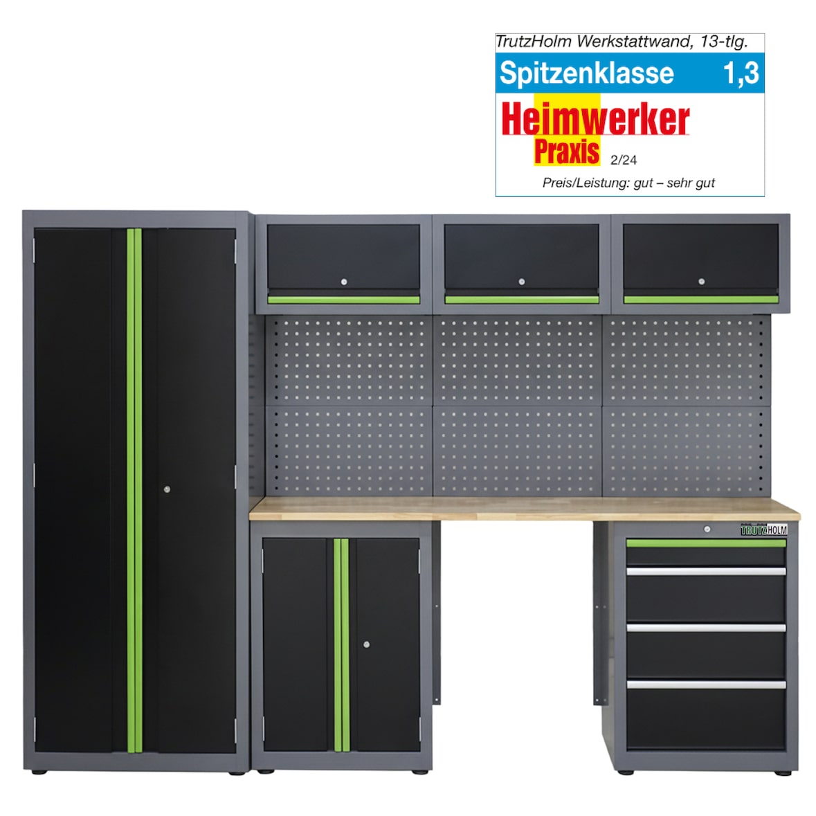 Werkstattwand 13-tlg. modulares Werkstattschranksystem aus Stahl mit massiver Holzarbeitsplatte grün