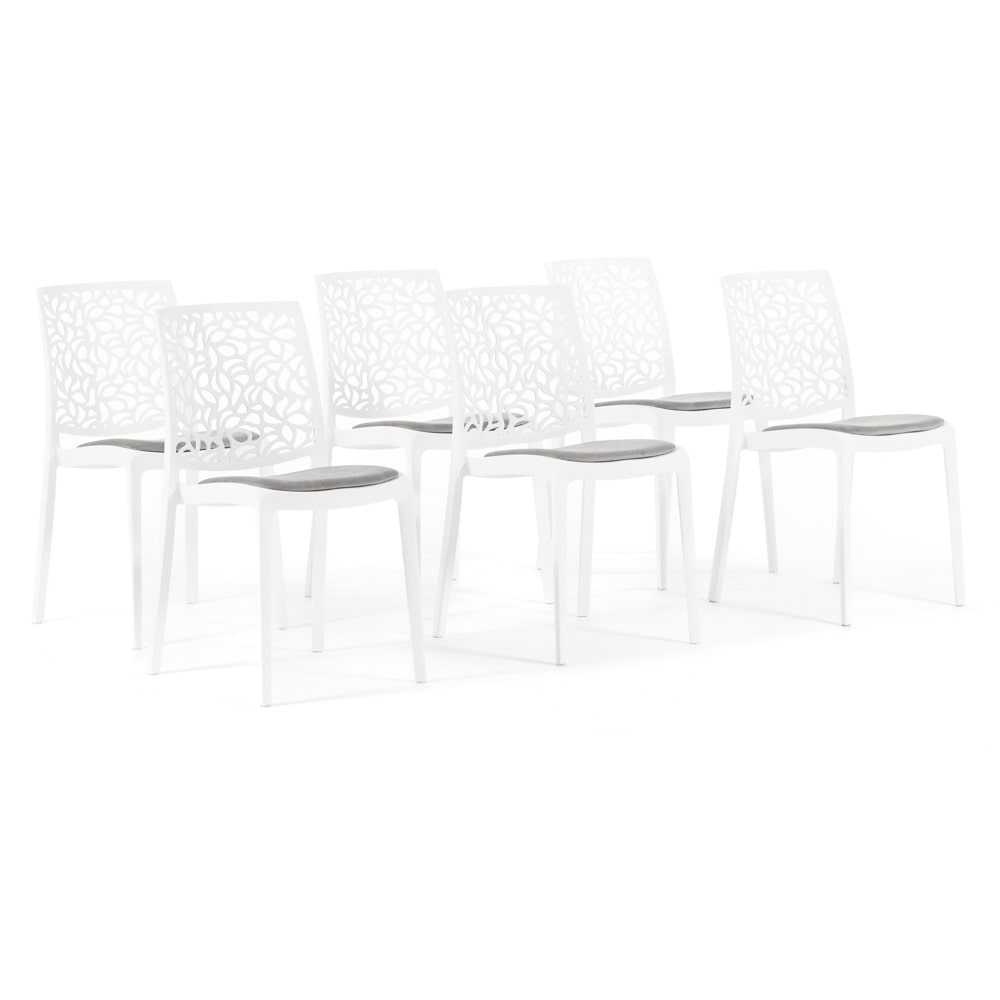 Set de 6 sillas de polipropileno con cojín, apilables, diseño moderno para cocina, comedor, bar o restaurante – Anna – Blanco/Gris