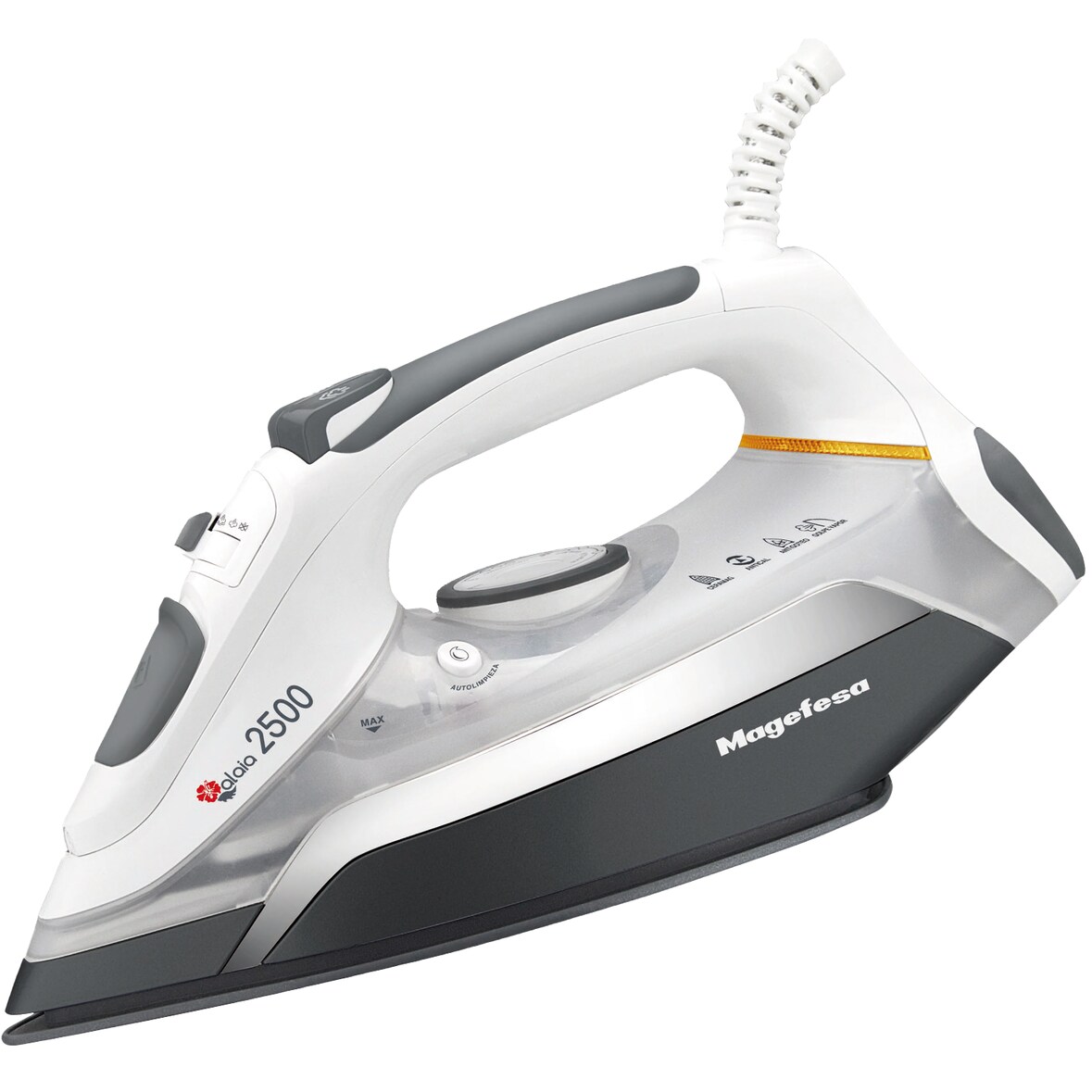 Magefesa Alaia - Plancha de Vapor, 2500W, Suela Cerámica, Antical, Autolimpieza, Golpe de Vapor, Antigoteo, Temperatura Ajustable, Depósito de 350ml