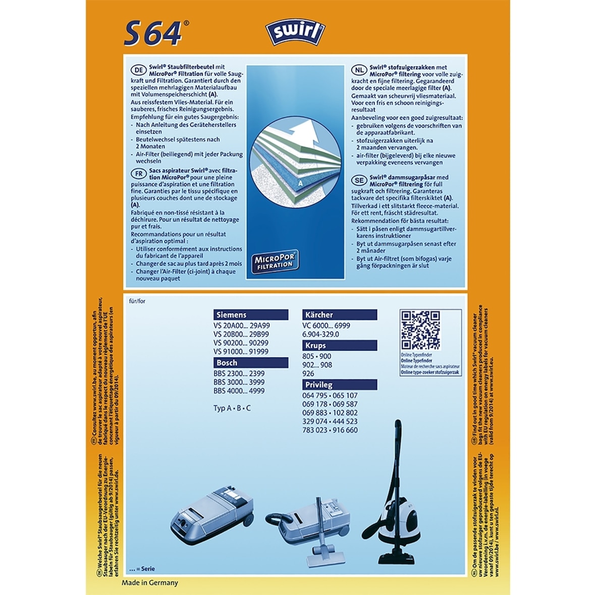 Staubsaugerbeutel S 64 MicroPor VE=4 Stück