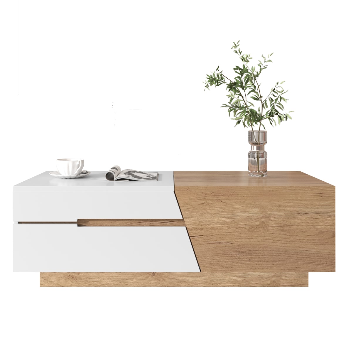 Merax Ausziehbarer Couchtisch, Wohnzimmertisch mit Schubladen, Beistelltisch mit Farbblockstruktur, Weiß und Holzfarbe