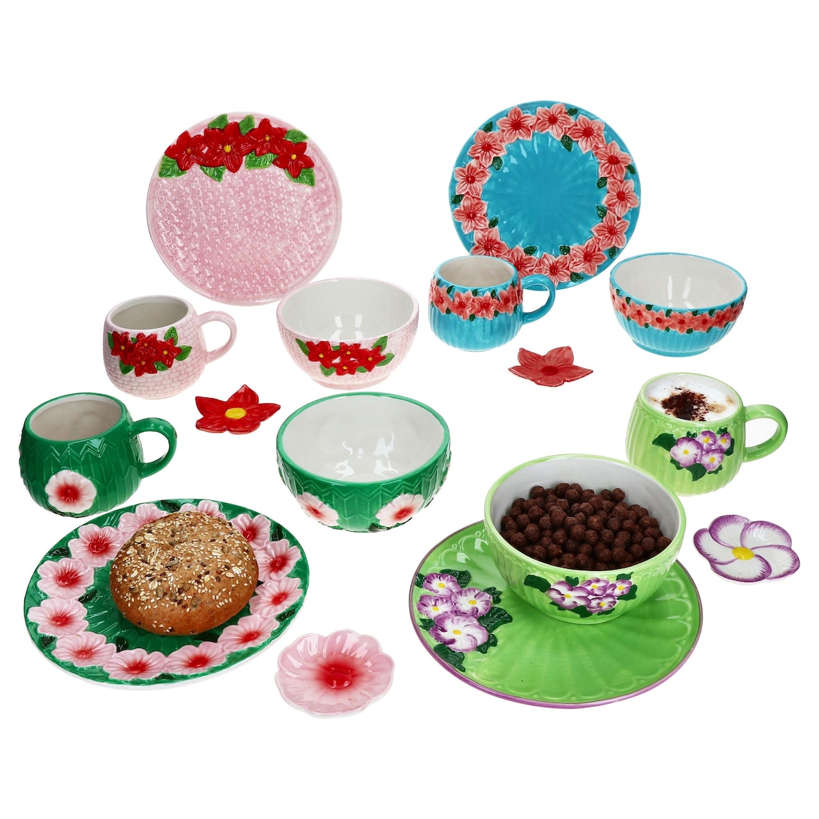 Flori Flower 16tlg Frühstücksset Steingut Teller Becher Schale Ablage Blumen
