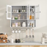 thumbnail of Wandschrank Bad Hängeschrank 88x26x83 cm Weiß mit 3 Türen Riffelglas Handtuchstange und offenem Fach, modernes minimalistisches Design