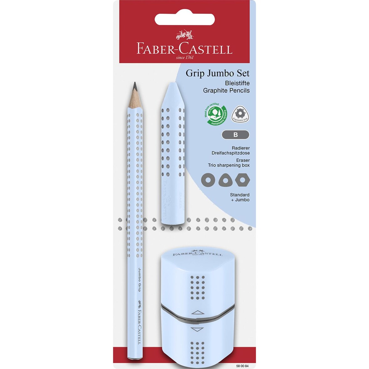 FABER-CASTELL 580084 Bleistift-Set Jumbo GRIP - 3-tlg., B, sky blue, Blister