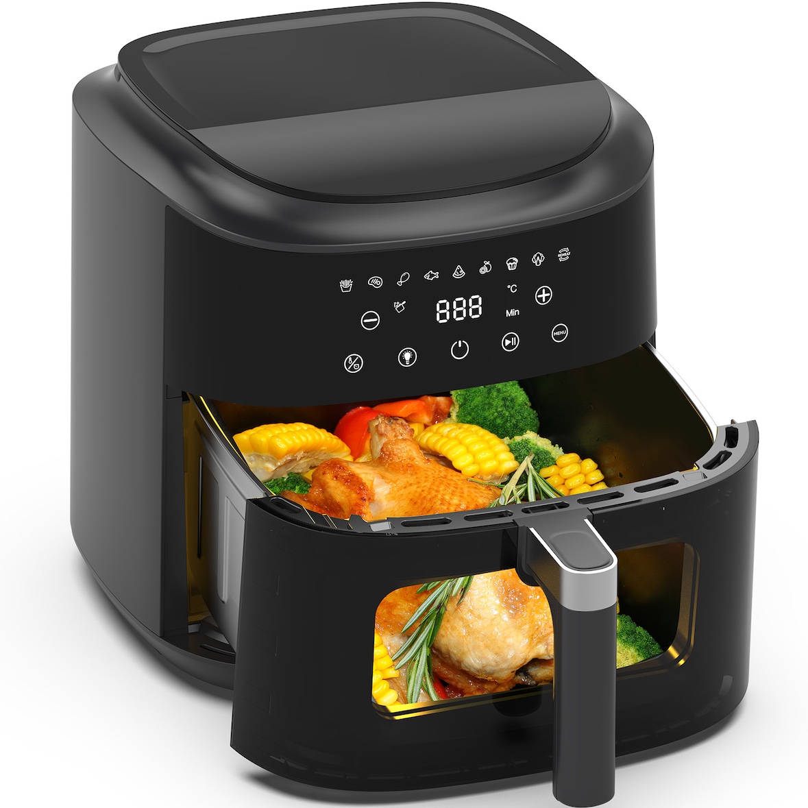 9L XL Heißluftfritteuse Airfryer mit Sichtfenster & Touchscreen, 360° Heißluft-Technologie, LED-Anzeige, 9 Programme, 2350W, fettarm & ohne Öl