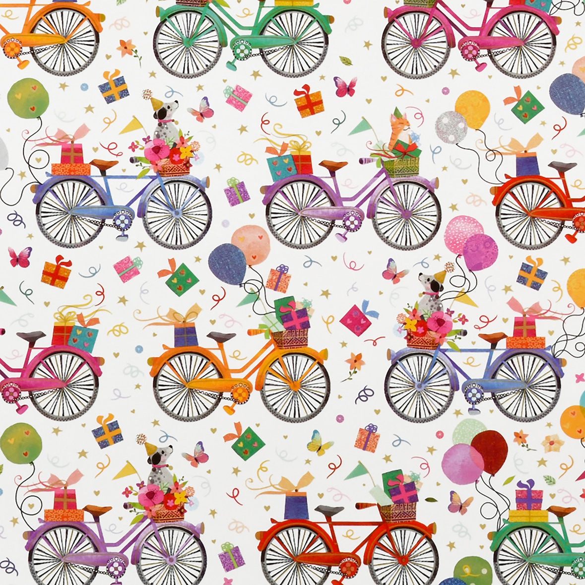 Geschenkpapier Fahrrad 70cm x 2m Rolle Geschenkpapierrolle mit Katze Hund im Korb Motiv Geschenk Papier Geburtstag Mädchen Farbiges Packpapier Bunt