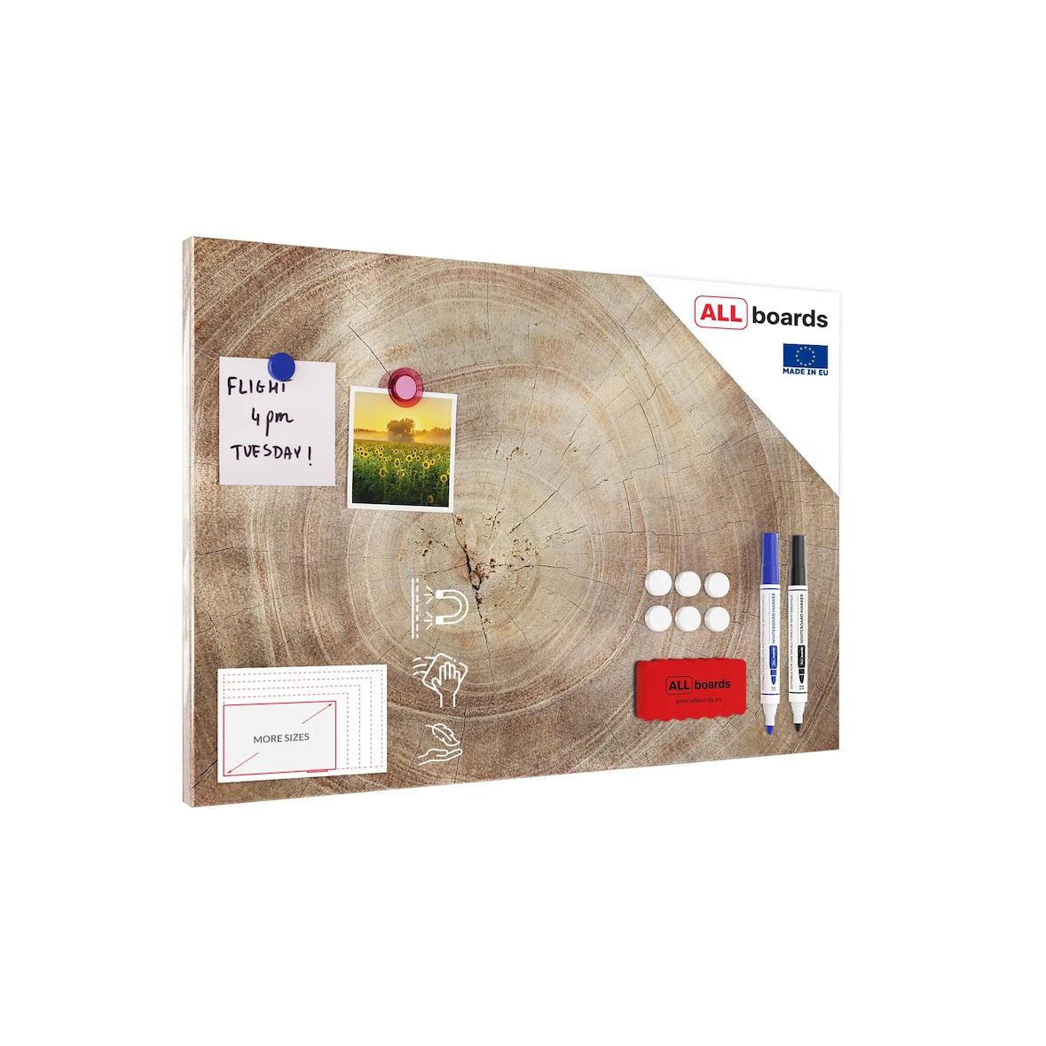 ALLboards Metallische Magnettafel BAUMSTAMM NATUR 60x40cm Memoboard für jede Art von Magneten Magnetpinnwand + 4 Marker, 10 Magnete und Schwamm