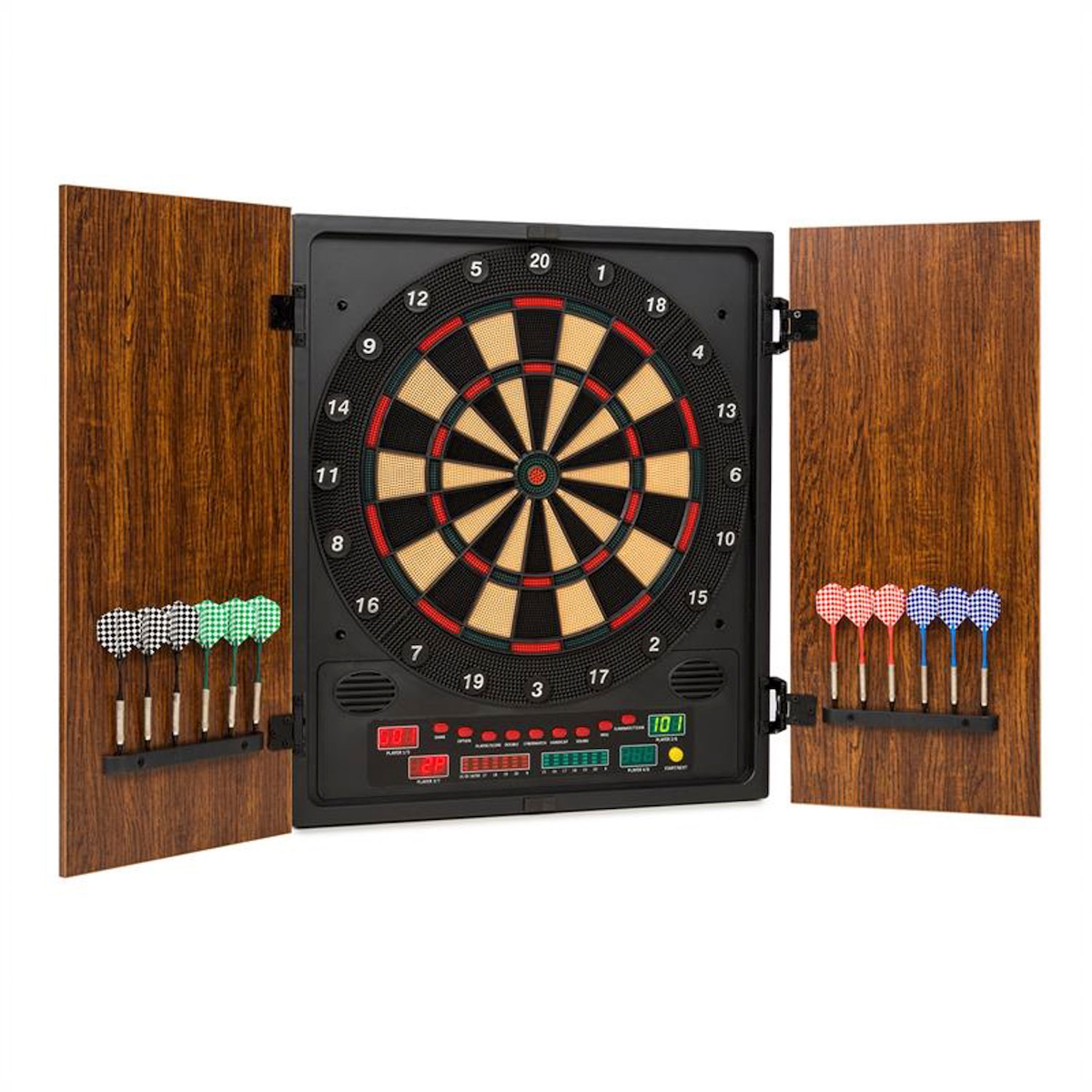 klarfit Dartmaster 180 Dartscheibe Dartautomat Softtip Türen braun Mahagoni