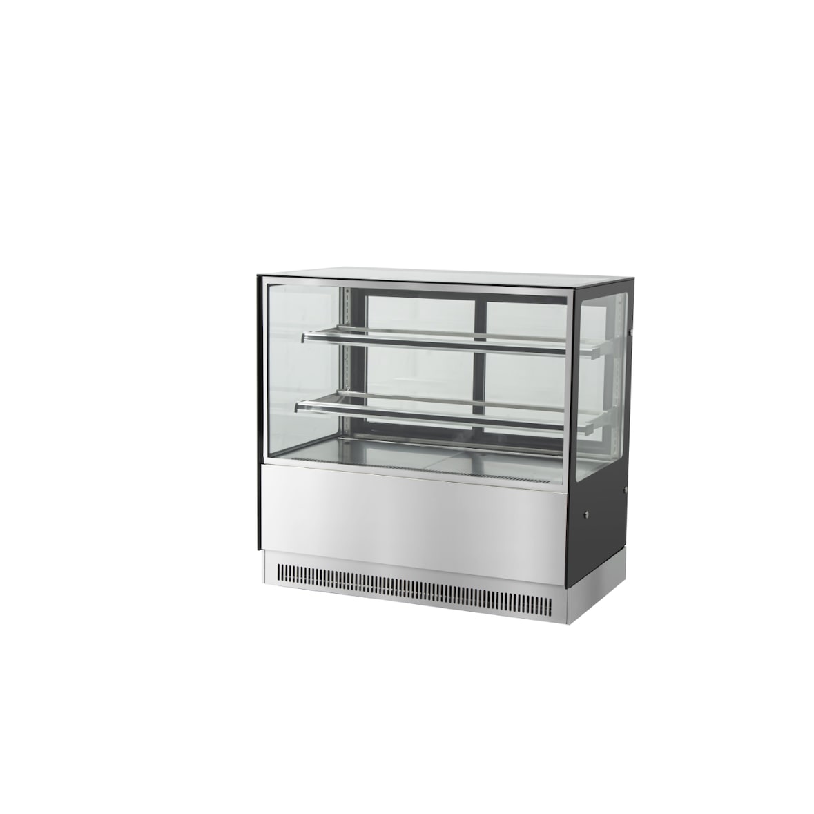 Vitrina expositora refrigerada pastelera. Cristal recto dim: 1200x700x1200 mm.Con 2 estantes interiores y puertas traseras correderas.