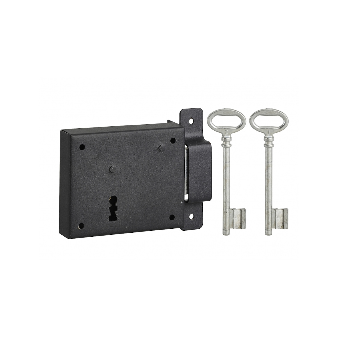 Serrure horizontale en applique à clé pour porte de cave, pêne seul, droite, axe 60mm, 95x76mm, noir, 2 clés - THIRARD