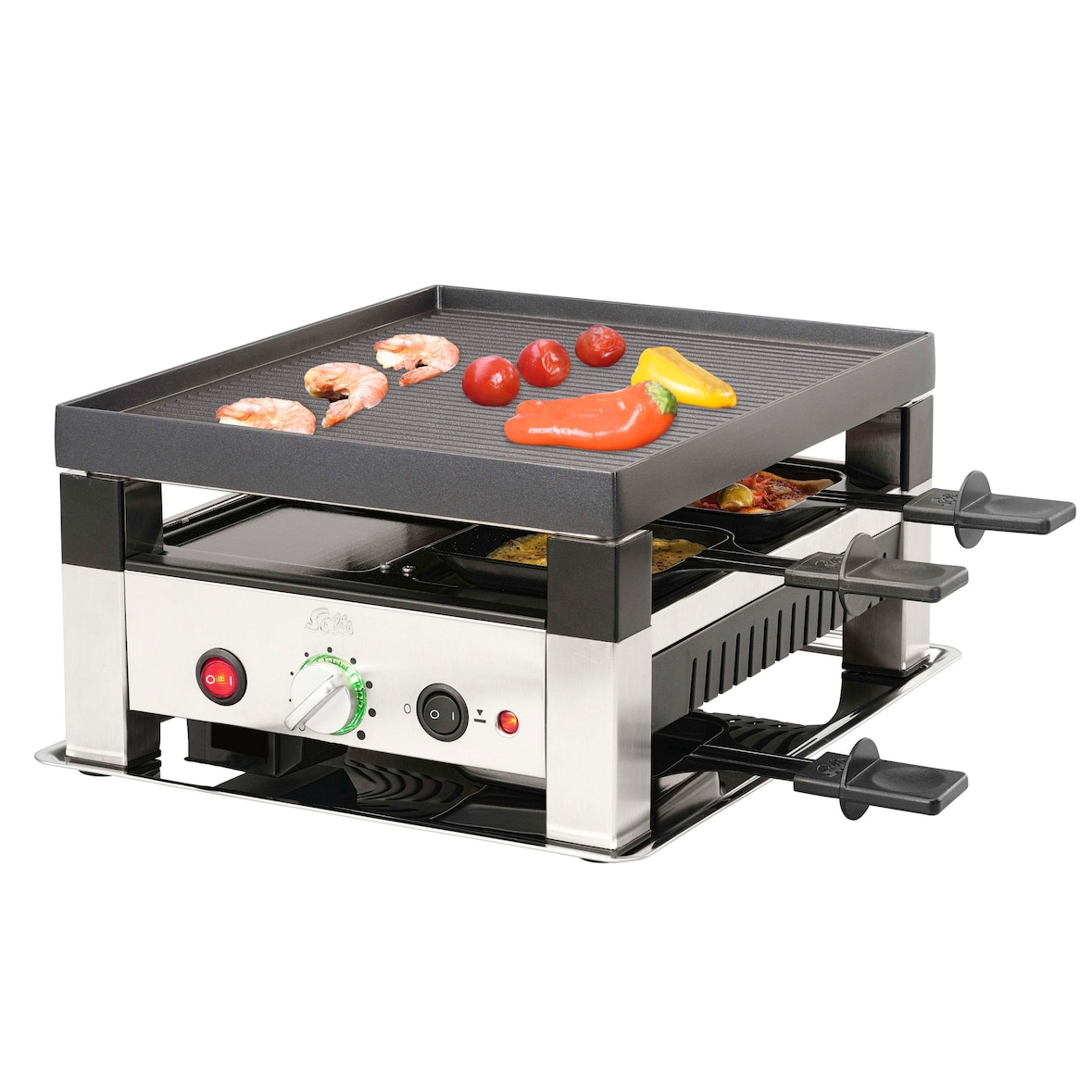 Solis 5 in 1 Raclette Tischgrill, 1020 W, 4 Personen, Mini Pizza Mini Wok Crepes