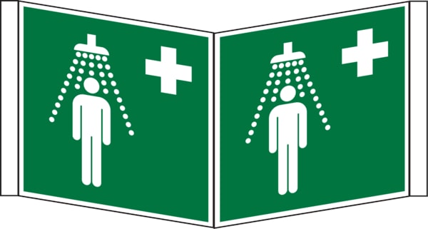 Rettungszeichen, Winkelschild Notdusche E012 - ASR A1.3 (DIN EN ISO 7010) - 200x200x1 mm Kunststoff nachleuchtend