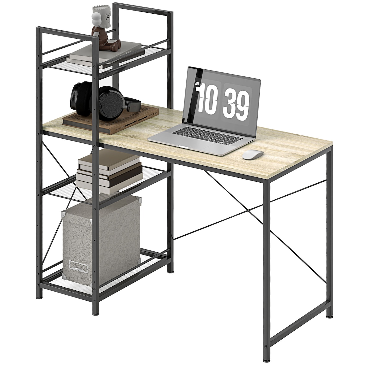 HOMCOM escritorio con estantería reversible industrial escritorio con marco de acero 110x53x115,5 cm roble y negro