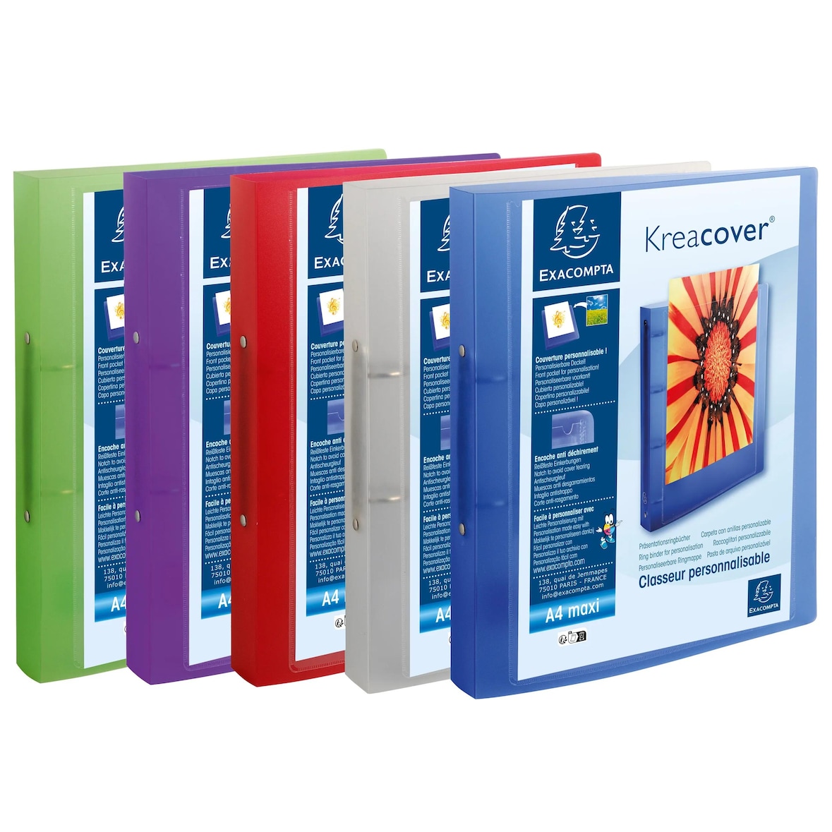 Exacompta 54769E 15x Mittelstarkes Ringbuch aus PP 700µ, 4 Ringe 30mm, Rücken 40mm, 32x26,8cm A4 MAXI - Chromaline Kreacover - Farben sortiert
