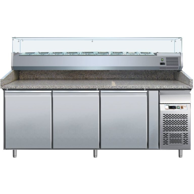 Banco pizza refrigerato 3 porte, con vetrina refrigerata profonda 380 mm, capacità 9 bacinelle GN 1/3, temp.+2°/+8°C, ventilato - mod.G-PZ3600TN38