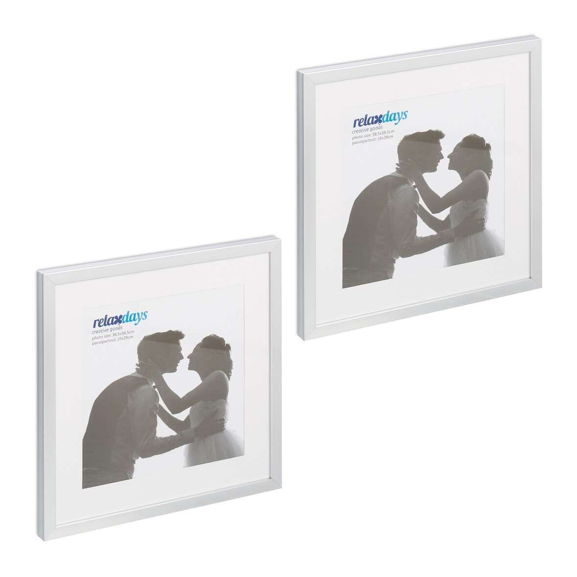 Relaxdays Bilderrahmen 2er Set, 38,5x38,5 cm, quadratisch, Fotorahmen, Aufhängen oder Hinstellen, Passepartout, silber