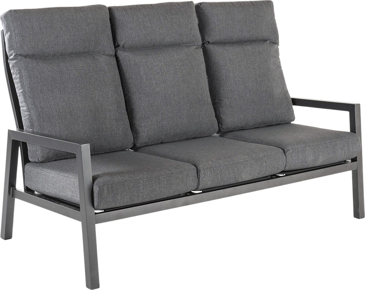 Sofá jardín de aluminio reforzado color antracita, 3 plazas, Cojines color gris oscuro, Altura 104 cm