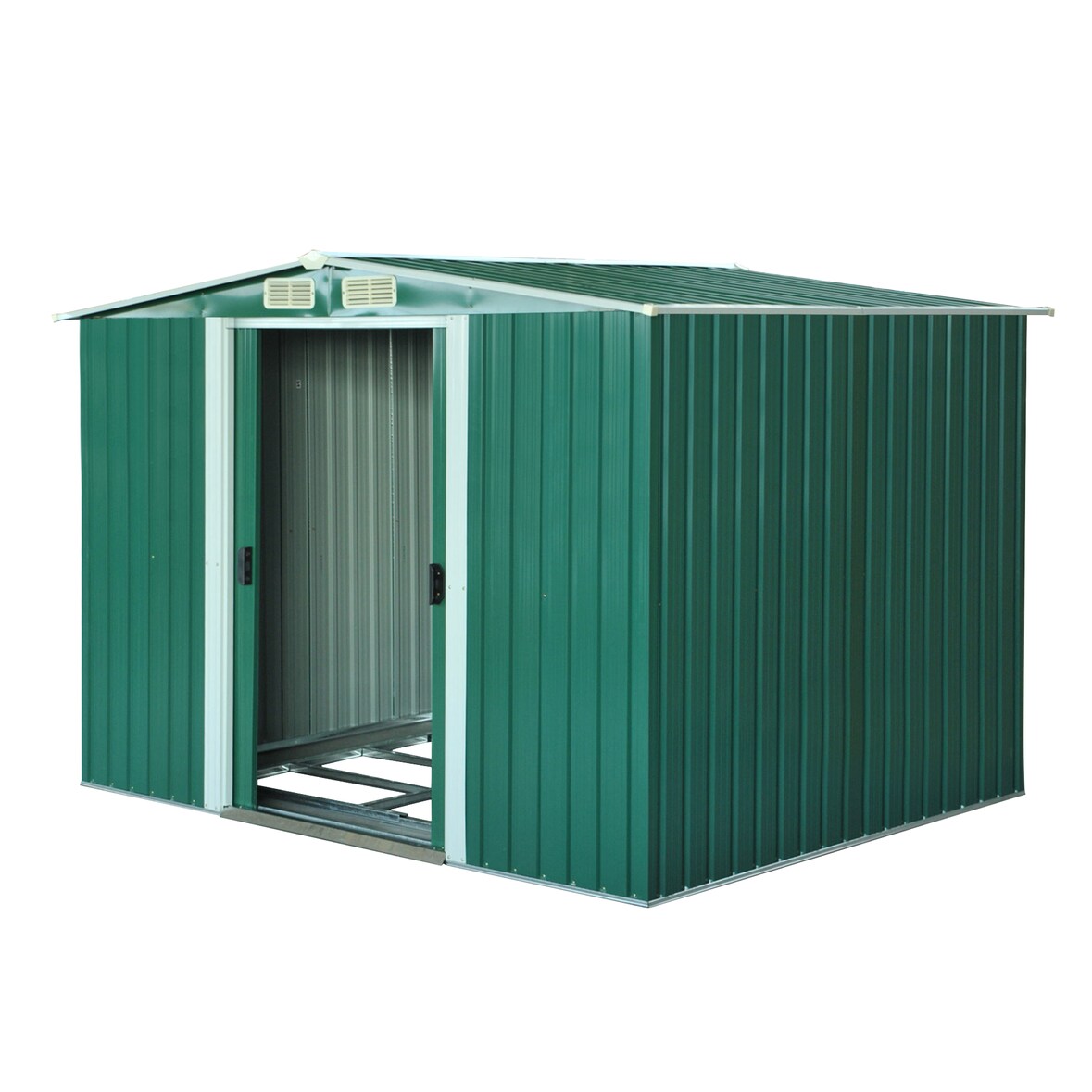 Outsunny cobertizo de jardín 258x206x178 cm 5,3m² caseta metálica con puertas correderas y ventilaciones para almacenamiento de herramientas