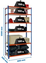 thumbnail of SimonRack Estantería Metálica, 2500x800x500 mm, 6 Alturas, Bandeja Madera, 150 kg de Punto Flexión, Azul/Naranja/Madera - Maderclick