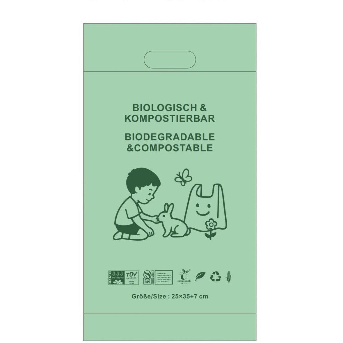 RyanPack Kompostierbare Bio Tragetaschen mit Griff aus Maisstärke 30x40+7+4 cm 35 µm grün – 1000 Stück