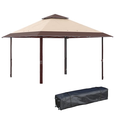 Tenda Dobrável 3,85x3,85 m Tenda de Jardim com Telhado Duplo Altura Ajustável para Festas Casamentos Cáqui e Café