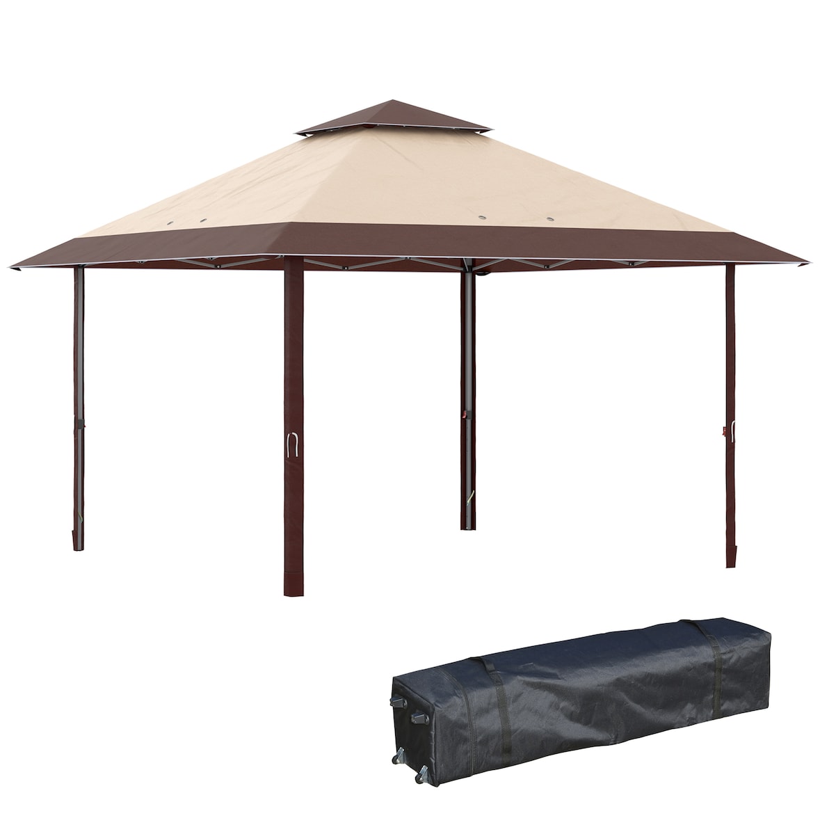 Tenda Dobrável 3,85x3,85 m Tenda de Jardim com Telhado Duplo Altura Ajustável para Festas Casamentos Cáqui e Café