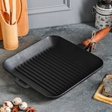 thumbnail of Grelha em ferro fundido com cabo de madeira - 28 x 28 x 4 cm - Panela em ferro fundido para todas as fontes de calor - Sem PFAS - Preto