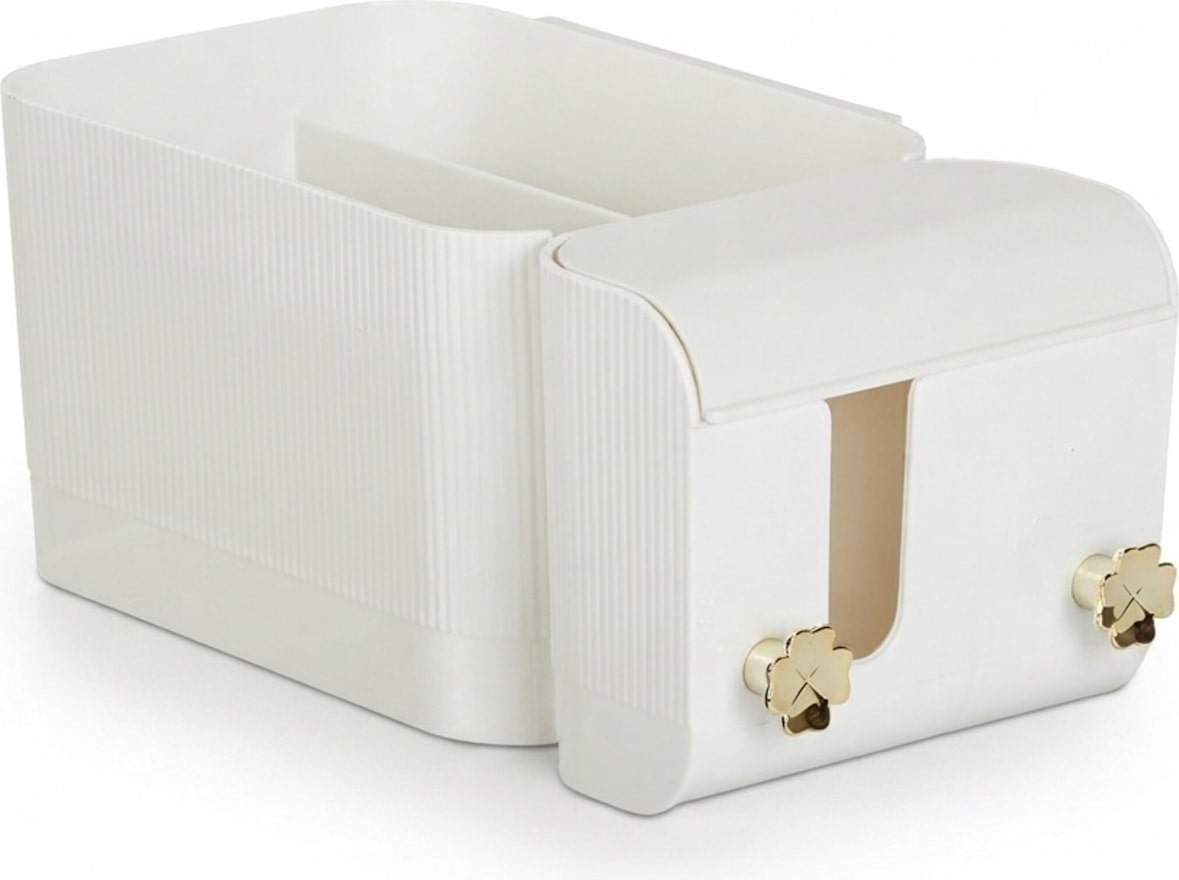 Relaxdays Kosmetik Organizer, 4 Fächer & 2 Haken, Wattestäbchenbehälter im Bad, Klebe-Wandmontage, Kunststoff, weiß/gold
