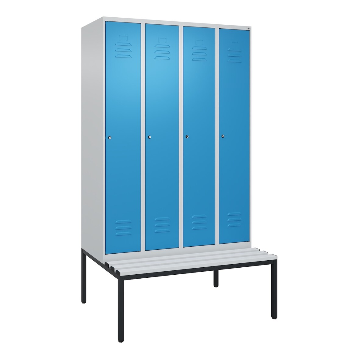 C+P Spind Classic PLUS, Kunststoff untergebaute Sitzbank, 4 Abteile, HxBxT 212x120x82cm, Zylinderschloss, Hellgrau/Lichtblau von PROREGAL