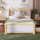 thumbnail of Stauraumbett 90x200 cm mit integriertem Bücherregal Taschenfederkernmatratze Holz Konstruktion niedriger Fußteil modernes Design Grau Weiß