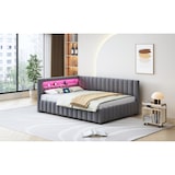 thumbnail of Polsterbett 140x200 mit LED-Beleuchtung, USB-Anschluss und Samtbezug – L-förmiges Design, stabiler Lattenrost, verstellbares Kopfteil, Grau