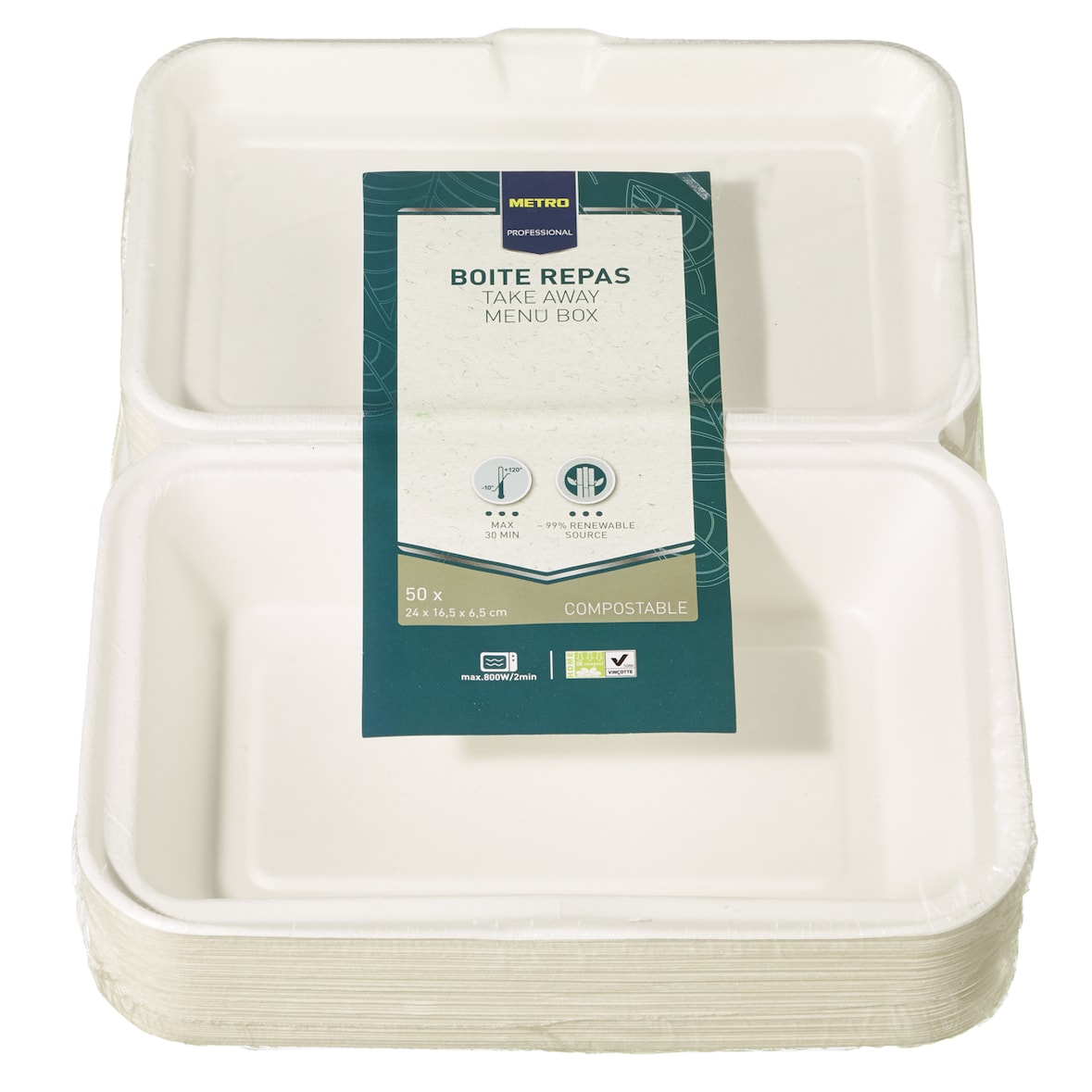 METRO Professional Caixa de menu, bagaço, 24 x 16.5 x 6.5 cm, 1200 ml, branco, 50 unidades