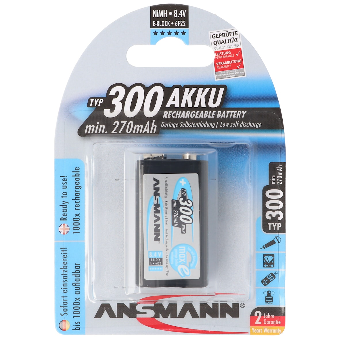 NiMH E Typ. 300 min. 270mAh NiMH-Akku 9V-Block E, 6F22, 8.4 Volt