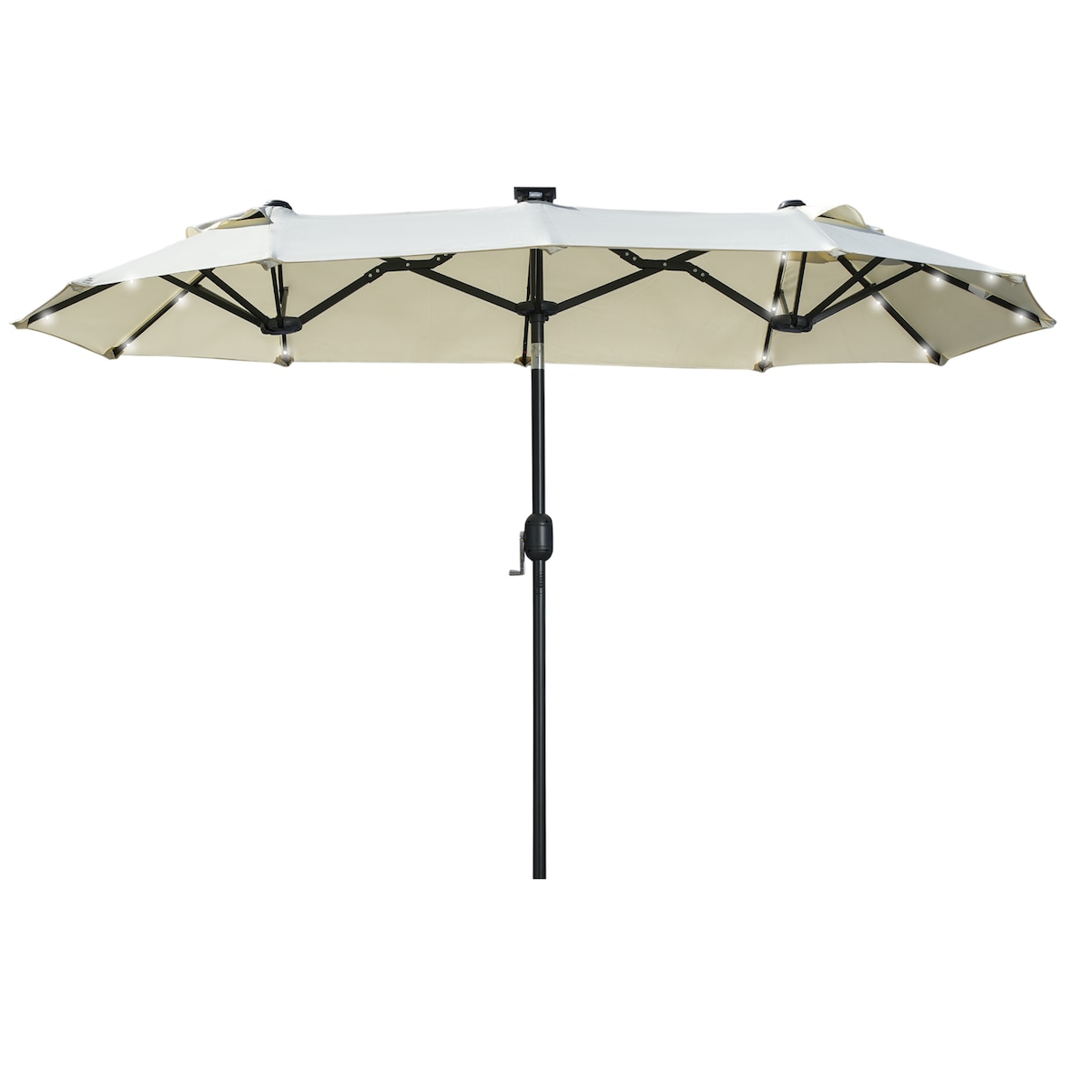 Doppelsonnenschirm Polyester Beige 292x150x218 cm, neigbar, mit LED-Solarleuchten und Handkurbel