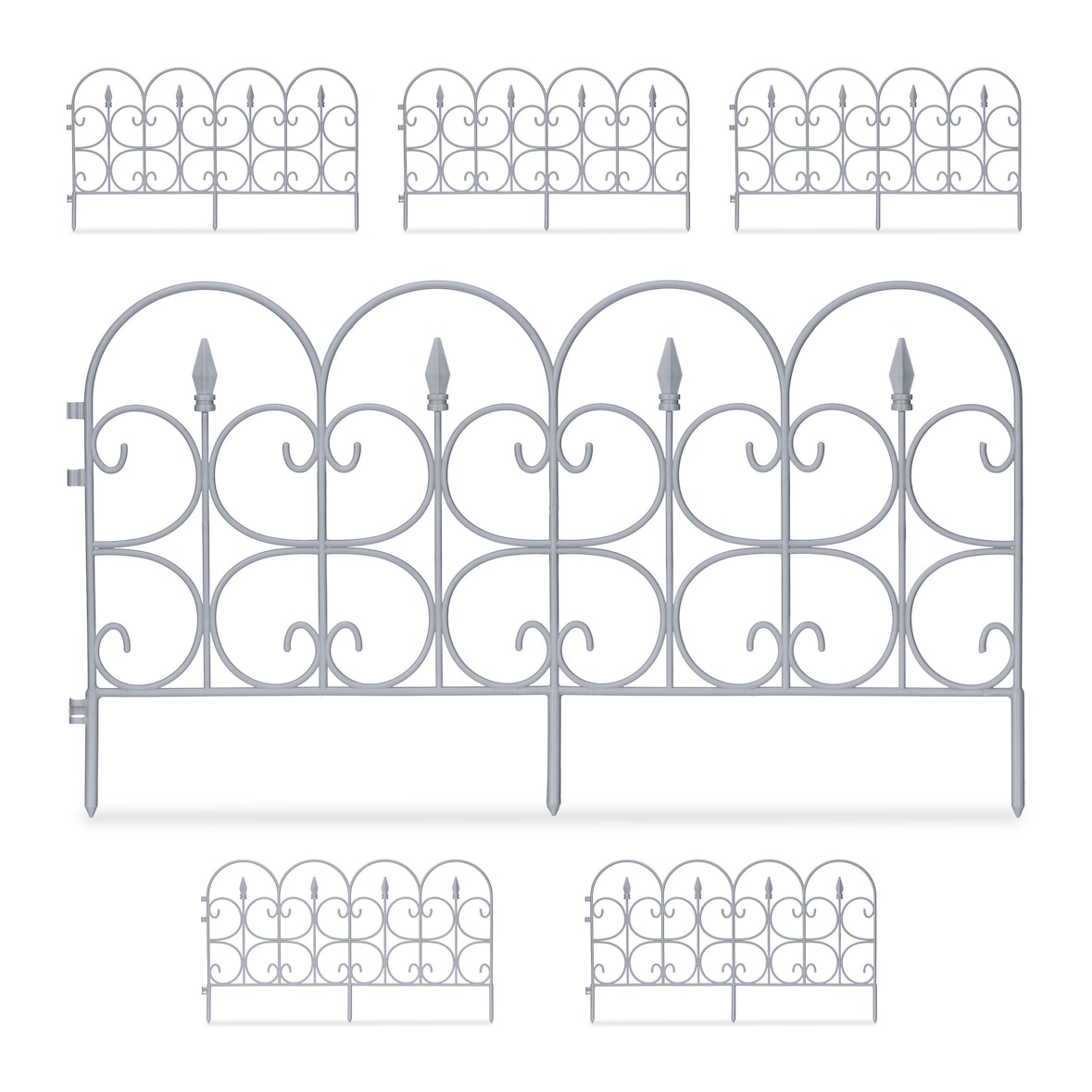 Relaxdays Beetzaun, 6er Set, HxB: je 38 x 68,5 cm, Zierzaun Garten, zum Stecken, Beeteinfassung antik, Kunststoff, grau