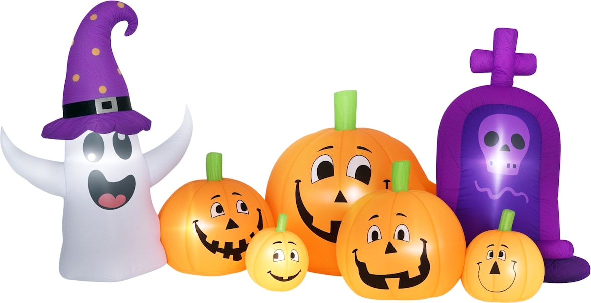 Abóbora Insuflável de Halloween com Fantasma Lápida com Luzes LED IP44 e Insuflador para Festas 240x130x130 cm Multicolor
