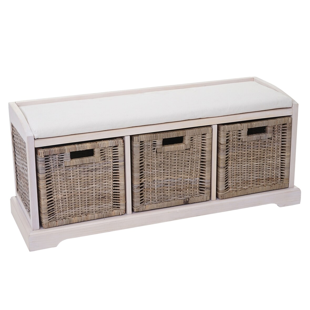 Sitzbank Bienne, Aufbewahrungsbox, 3 Körbe, Kubu-Rattan-Geflecht, 112x46x37cm ~ weiß