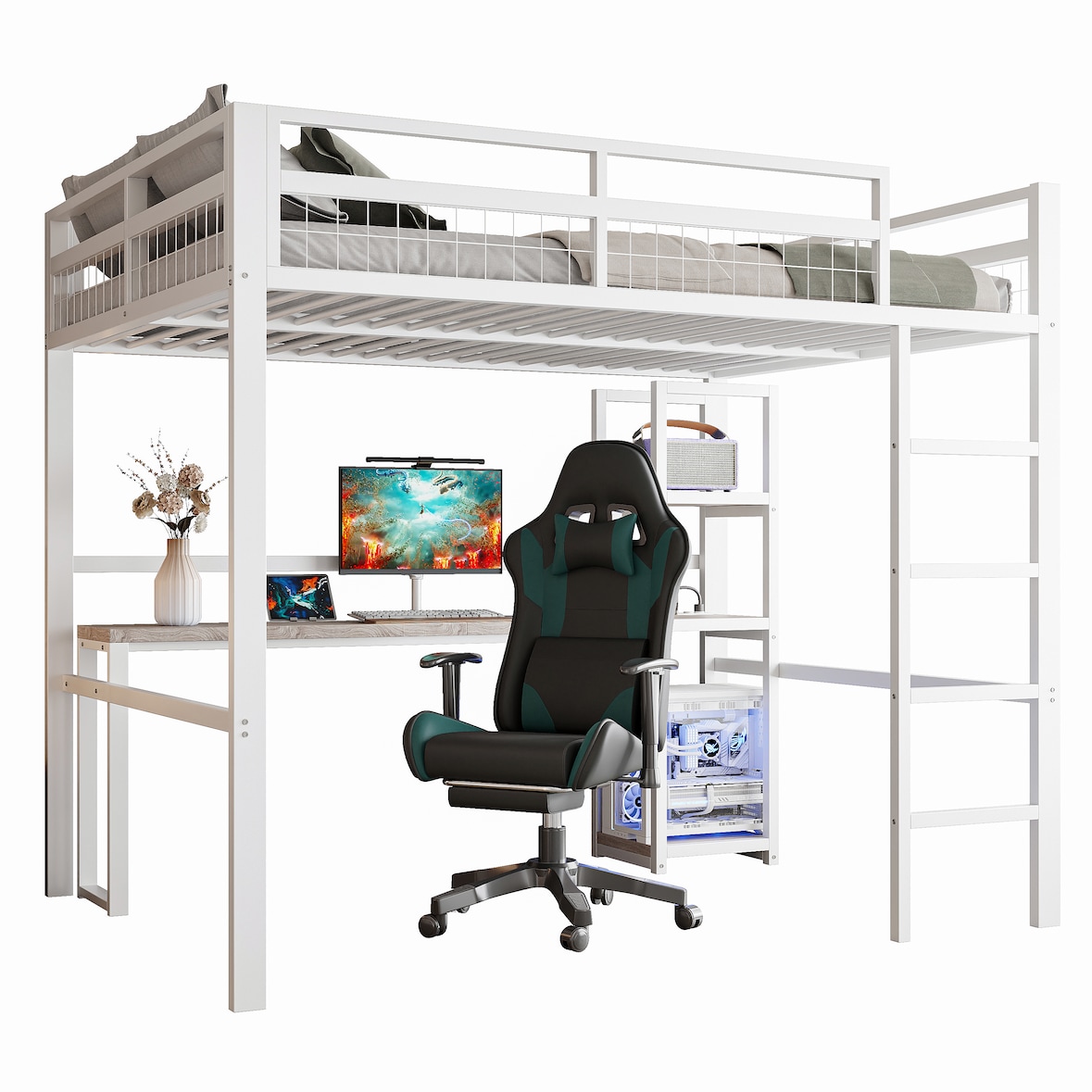Hochbett 140x200 cm aus Eisenrahmen mit Schreibtisch und Steckdose – funktionales Design und hohe Sicherheit Weiß